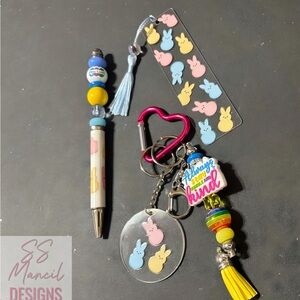 Easter Beaded Keychain Bookmark &  Pen Set - Yellow, Blue, Pink